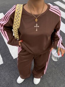 Muchica 大尺碼女款側條紋運動衫與運動長褲休閒兩件套 秋季 - 彩色 - 查看 6