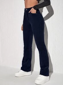 SHEIN Unity Button Pocket Denim Corduroy Flared Leg Pants - Dark Wash - View 6