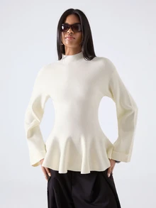 LYSMO Women's Cinched Waist Ruffle Hem Long Sleeve Sweater - Apricot - View 5