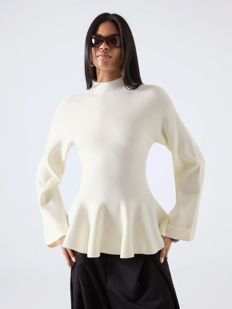 LYSMO Women's Cinched Waist Ruffle Hem Long Sleeve Sweater - Apricot - View 1