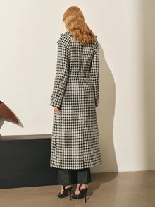 MOTF PREMIUM WOMEN'S AUTUMN/WINTER WOOL HOUNDSTOOTH TRENCH COAT WOOL OVERCOAT JACKET - Black and White - View 2