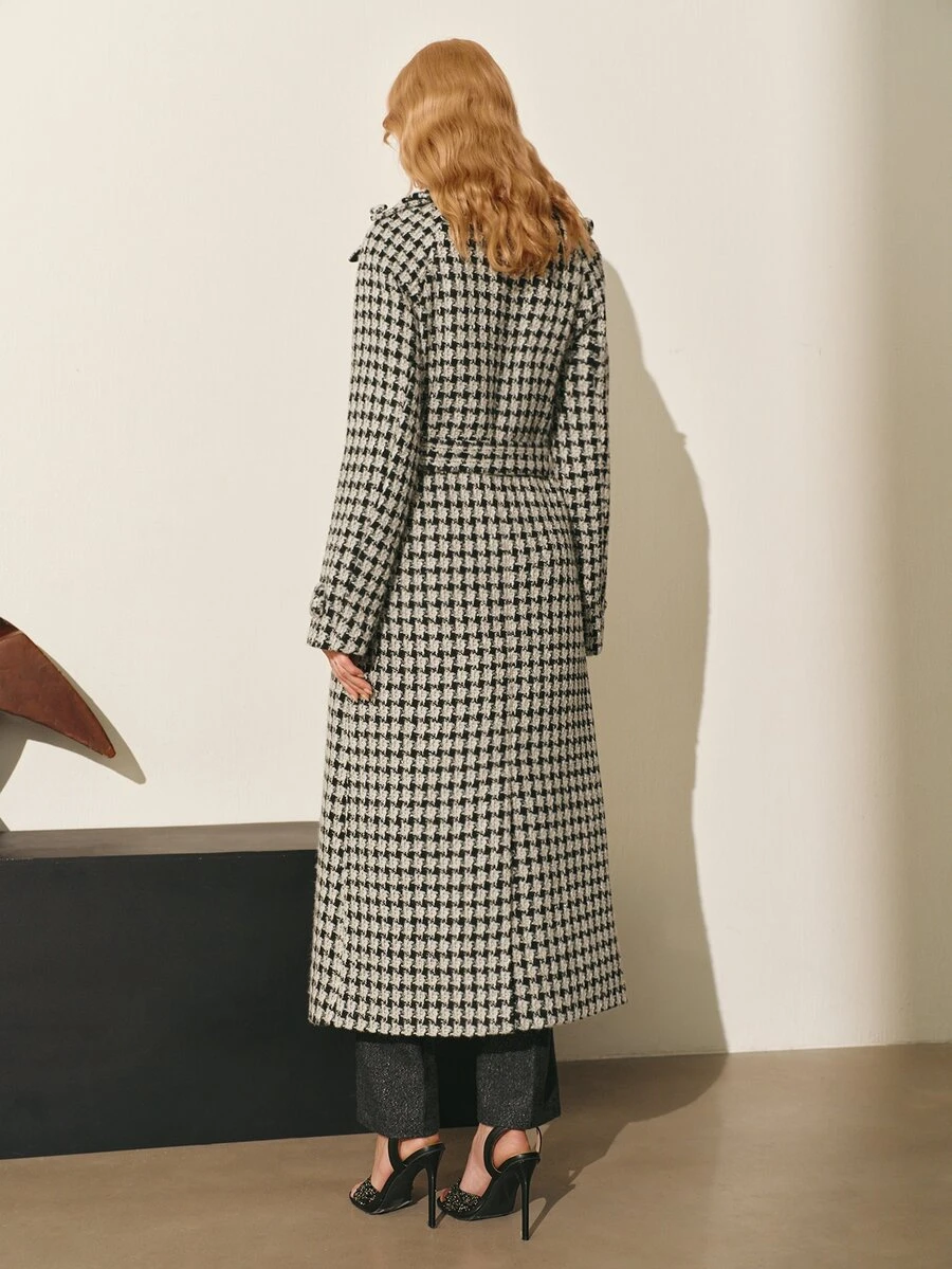 MOTF PREMIUM WOMEN'S AUTUMN/WINTER WOOL HOUNDSTOOTH TRENCH COAT WOOL OVERCOAT JACKET - Black and White - View 2