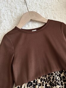 Young Girl Young Girl Knitted Solid Color Round Neck Patchwork Woven Leopard Print Hem Casual Dress - Red - View 5