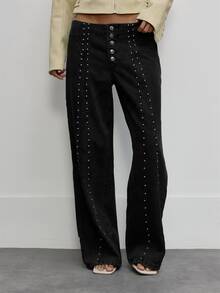 MUSERA Light Wash Studded Seam Button Fly Wide Leg Jeans Cute Daily Girly Sweet Mischief Fall Autumn - Black - View 1