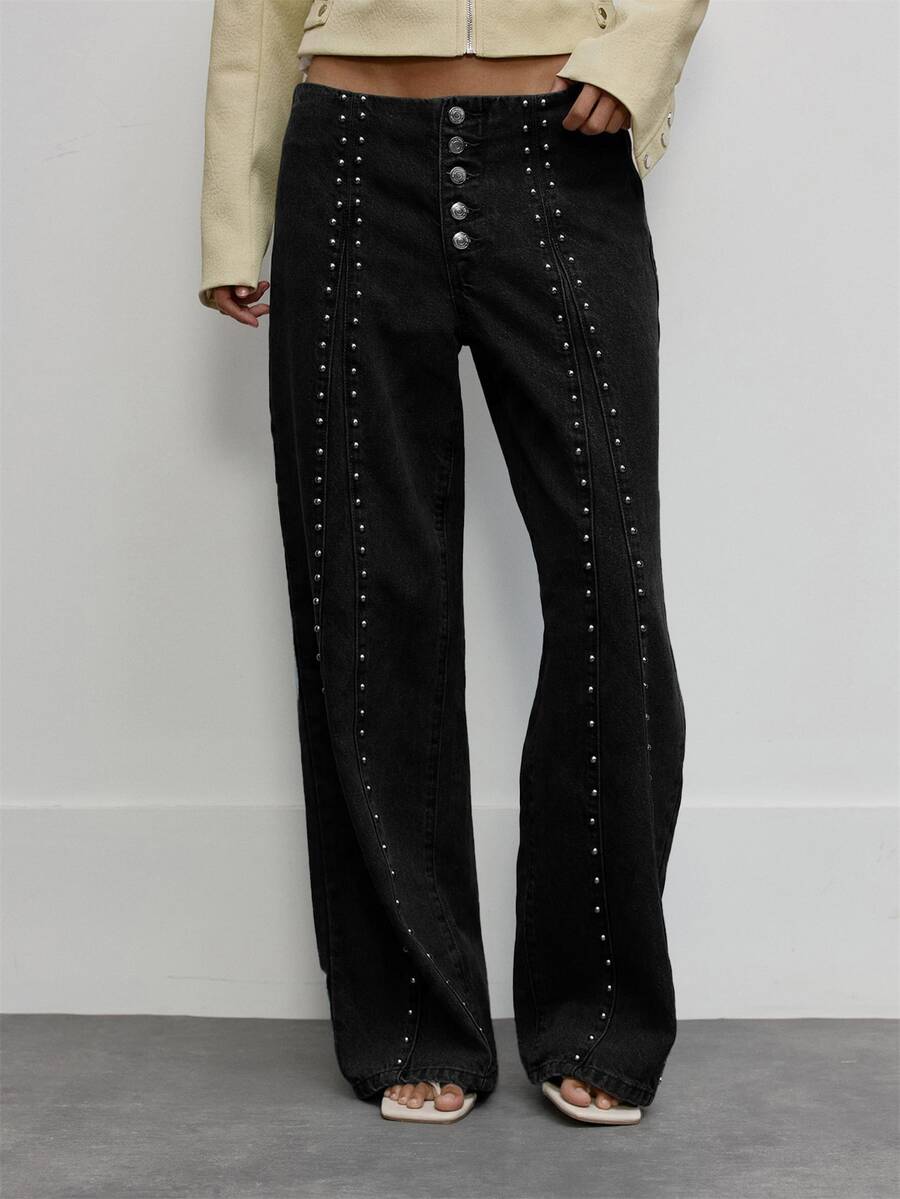 MUSERA Light Wash Studded Seam Button Fly Wide Leg Jeans Cute Daily Girly Sweet Mischief Fall Autumn - Black - View 1
