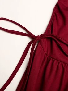 SHEIN 青少年女孩 春/秋季休閒優雅復古紅色針織不對稱抓褶蝴蝶結設計A字收腰長洋裝，適合聖誕節、新年、派對穿著，紅色洋裝 - 酒紅色 - 查看 4