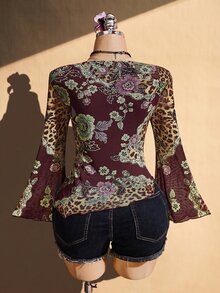 SHEIN ICON 大尺碼復古 Y2K 中式花卉印花喇叭袖不對稱下擺網眼針織上衣 秋季 - 酒紅色 - 查看 2