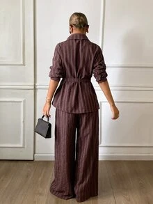 Livesso Petite Women's Button-Up Long Sleeve Shirt And Striped Long Pants 2 Pieces Set - Brown - View 5