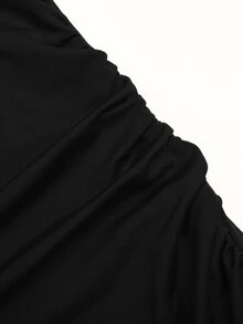 SHEIN 少女秋冬優雅純色針織方領喇叭袖長袖多層荷葉邊不對稱下擺收腰長洋裝 - 黑色 - 查看 7