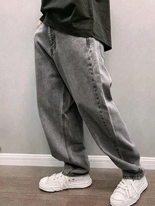 STEELVANCE 淺色水洗現代休閒男士大尺碼牛仔褲，寬鬆錐形版型，寬腿男友牛仔褲，Y2K風格 - 淺灰色 - 查看 4