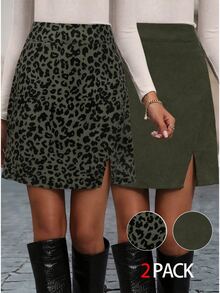 Struktiv Women's Autumn/Winter Corduroy Leopard Print & Solid Color Corduroy Skirt Set - Multicolor - View 1