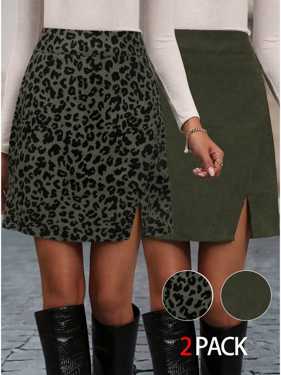 Struktiv Women's Autumn/Winter Corduroy Leopard Print & Solid Color Corduroy Skirt Set - Multicolor - View 1