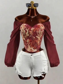 Mistrie Retro Oil Painting Floral Open Shoulder Fitted Top With A Waistband, One Shoulder Bubble Long Sleeves That Fit Snugly And Flatter The Figure, Se - Burgundy - View 4