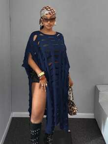 Mawevolt Plus Size Women's Sweater Dress, Half-Sleeved, Solid Black Color, Cutout Winter Fall Autumn - Navy Blue - View 4