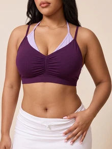 Plus Size Ruched 2 In 1 Sports Bra - Purple - View 5