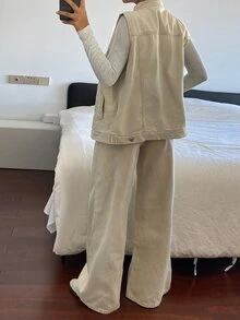 DAZY Women's Loose Vest And Long Pants Casual Denim Set - Khaki - View 4
