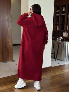 SHEIN EZwear Gray Casual Long Hooded Sweatshirt, Autumn/Winter,Long Sleeve Tops - Burgundy - View 2