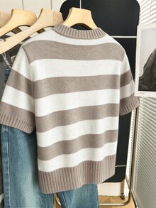 Franclia 新款春夏韓系簡約休閒寬鬆條紋拼接女款針織上衣 - 卡其色 - 查看 2