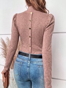 SHEIN Clasi 女款秋季簡約鈕扣裝飾泡泡袖高領長袖T恤 - 藕粉色 - 查看 6