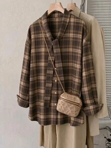 INAWLY Vintage Style Ribbon Loose Drop Shoulder Blouse - Brown - View 1