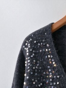 GlowEve CURVE Soft & Shiny Sequin V-Neck Cardigan, Cozy & Fashionable For Autumn/Winter - Grey - View 3