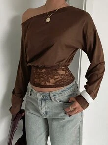Aloruh 黑色蕾絲拼接上肩寬鬆上身緊身下擺長袖女式襯衫，秋冬新款外出上衣，萬聖節女裝 - 咖啡棕 - 查看 6