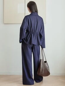 Dazy-Less Women's 2 Pieces Set: Blue Round Neck Long Sleeve Slim Fit Waist Top With High Waist Loose Wide Leg Pants, Autumn/Winter - Blue - View 2