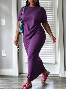 INAWLY Solva Plus Size Women's Solid Color Short Sleeve Top And Skirt Casual 2 Pieces Set - Purple - View 5