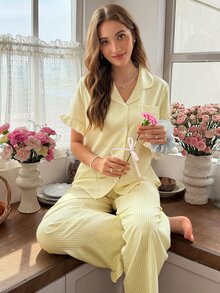 Snug Reverie Romantic Fresh Bubble Crinkle Yellow Striped Lapel Cardigan Frill Trim Heart Embroidery Women's Short Sleeve Long Pants Pajama Set - Yellow - View 6
