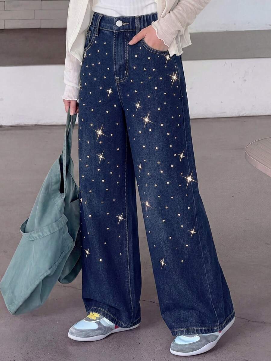 SHEIN Girls' Y2K Style Rhinestone Embellished Jeans, Fashionable Casual Loose Fit Flared Leg Soft Denim Pants Autumn Fall - Dark Wash - View 1