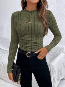 SHEIN Frenchy 女款紋理布料抽褶修身羅紋立領T恤，冬季休閒春季穿搭 - 軍綠色 - 查看 4
