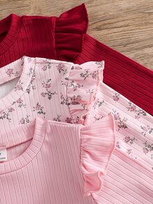 SHEIN 女童碎花淺粉色、蓮花粉、深紅色蝴蝶結印花飄逸袖三色上衣，簡約可愛甜美，適合室內外穿著，四季皆宜 - 彩色 - 查看 4