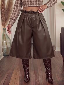 Slaydiva Plus Size Women's Solid Color Casual Versatile Daily Wear Capri Pants - Brown - View 4