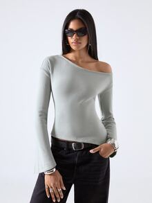 LYSMO Women's Solid Color Asymmetrical Shoulder Casual Daily T-Shirt - Green - View 6