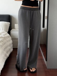 DAZY Women's Drawstring Waist Striped Loose Lounge Pants - Grey - View 8