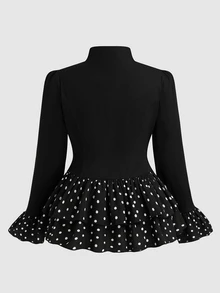 Sweetra Plus Size Polka Dot Ruffle Patchwork Long Sleeve Jacket - Black - View 2