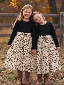 Emery Rose Kids Emery Rose Kids Tween女孩休閒優雅圓領長袖棕色灰調花卉拼接洋裝 - 黑色 - 查看 8