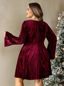 SHEIN CURVE+ Đầm nhung xù trang trí đá rhinestone Giáng Sinh size lớn - Đỏ - Xem 2
