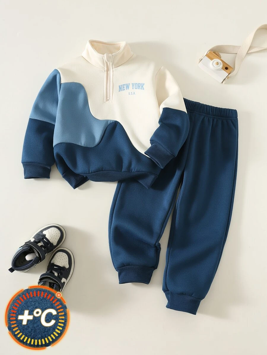 SHEIN 兒童男童 2件組休閒套裝-立領套頭連帽衛衣與保暖內裡秋季長褲,適合冬季、學校、開學季,舒適套裝 - 彩色 - 查看 1