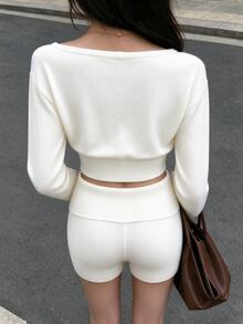 Sunnyshic Women's Solid Color Shoulder Top And Shorts Knit 2 Pieces Set - Beige - View 7