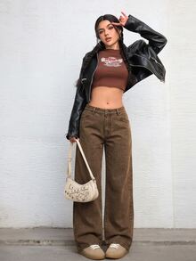 SHEIN Unity 大尺碼 Y2K 時尚破舊水洗低腰寬鬆牛仔褲 - 咖啡棕 - 查看 4