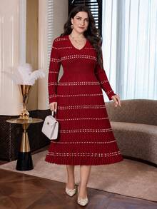 Modelyn Plus Size Women's Colorblock Casual Everyday Knit Dress - Burgundy - View 5