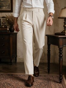 Manfinity Mode Men's Solid Color Pleated Pocket Casual Business Suit Pants - Beige - View 3