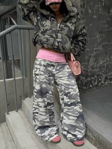 Coolane 女款秋冬街頭風 Y2K 休閒日常外穿派對低腰運動長褲 軍綠迷彩拼色粉色復古運動褲 - 彩色 - 查看 2