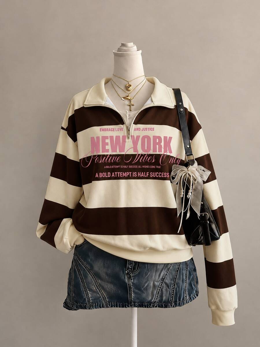 SHEIN EZwear 女款寬鬆假領前開扣鈕扣運動衫,畢業穿搭、約會穿搭、休閒極簡運動街頭風多功能派對聚會機場穿搭 Y2K 上衣,數字與英文字母學院風圖案印花,女款外出穿搭,女款秋冬穿搭 - 彩色 - 查看 1