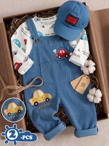 SHEIN Playful Pals 2件組男嬰圓領T恤與純色連身褲，皆附汽車圖案，簡約時尚，適合春秋穿著，完美適配寶寶日常外出，為寶寶衣櫥增添更多選擇 - 藍色 - 查看 1