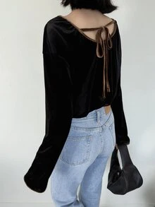 FRIFUL Women's French Style Flocked Long Sleeve Versatile T-Shirt - Black - View 3