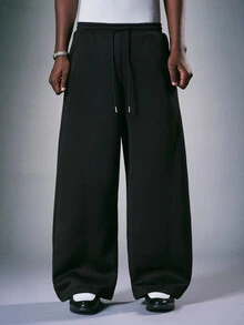 STYNVO Celana Sweatpants Pria Warna Polos dengan Tali Serut di Pinggang dan Kantong Celana Sweatpants Longgar - Hitam - View 4