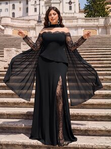 Aureia Plus Size Elegant Charming Romantic Black Stretch Knit Contrast Lace Long Sleeve Sheer Lace Collar Lace Trim 2-In-1 Flared Hem Contrast Lace Suitable For Wedding Party Celebration Formal Event Evening Gown (Heavy Workmanship Design) - Black - View 7
