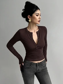 DAZY 女款半拉鍊長袖緊身T恤 - 棕色 - 查看 4
